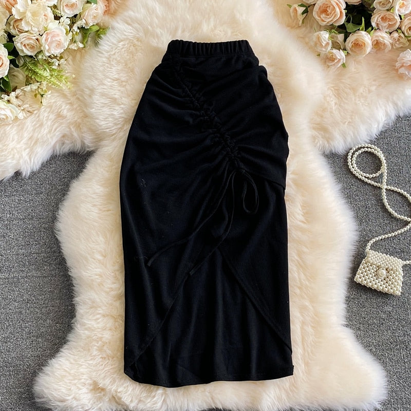 Women Elastic Waist Pencil Skirt Girls Sexy Solid Slim Irregular Draw String Stretchy Cotton Skirts