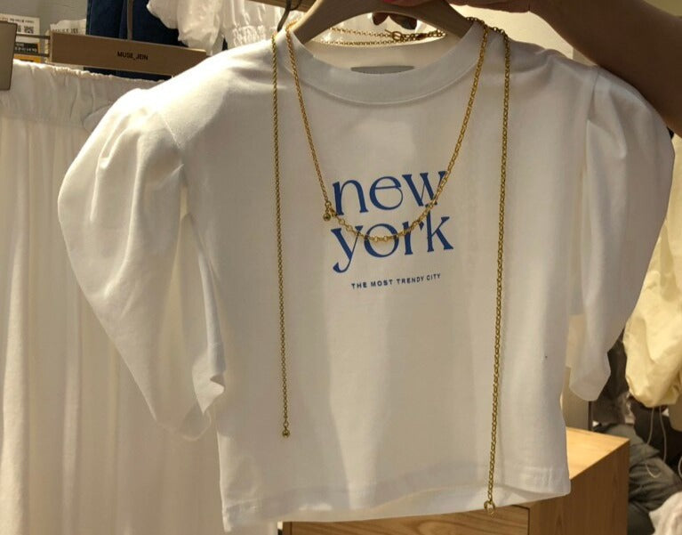 Neploe Korean 2023 Summer O-Neck Short Tops Letter Print Shoulder Pad Puff Sleeve T-Shirt Femme Chic Simple Casual Sweet Tees