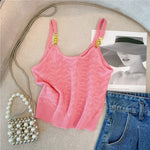Pink Sexy Slim Knit Vests Crop Tops Women 2023 Summer Sleeveless Gold Buckles Stylish Fashion Chic Knitwear Sweaters Vests