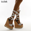 icclek Summer Solid White Platform Wedges Sandals Women Fashion High Heels Ankle Strap Ladies Open Toe Shoes