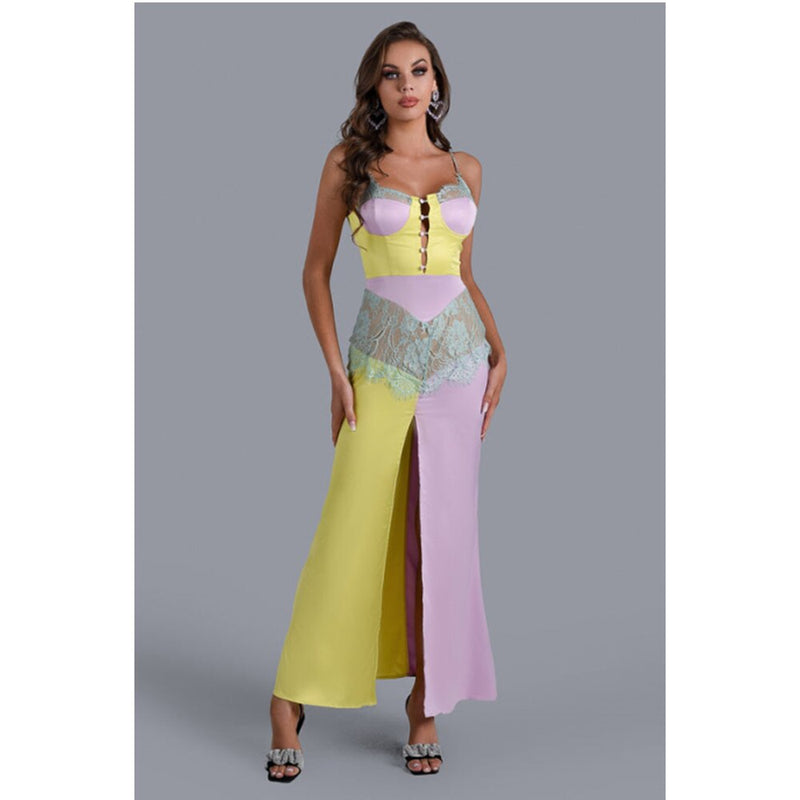 Lace Patchwork Sleeveless Dress Sexy Party Dress Women Summer Spaghetti Strap High Split Bodycon Maxi Dress Club Party Vestidos