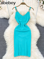 Chain V Neck Summer Knit Sexy Strap Dress Women Tank Elatic Waist Bodycon Sundress Female Beach  Backless Long Dress