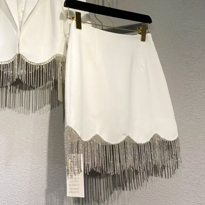 New Women&#39;s Suit Sexy Lapel Long Sleeve Diamond Tassel Short Jacket &amp; Mini Skirt Diamond Tassel Two Piece Set