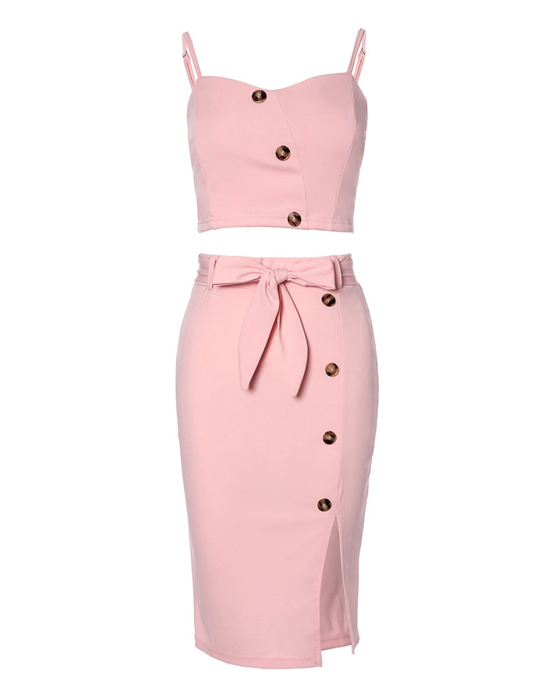 Button Decor Top & Split Skirt Set