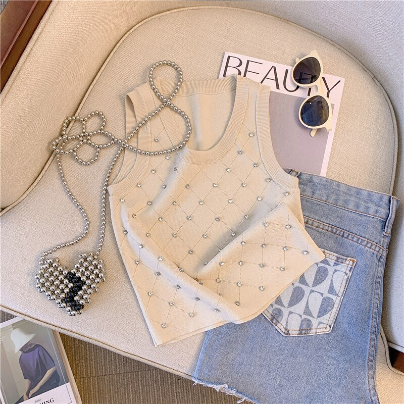 Diamonds Argyle Slim Knit Sweater Vest Women&#39;s Crop Tops 2023 Summer Sleeveless O-neck Knitwear Stylish Fashion Sexy Pullovers