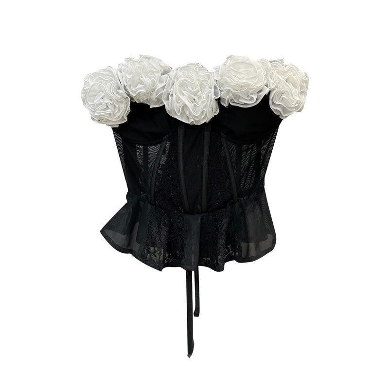 PREPOMP 2023 Summer New Collection Sleeveless Strapless Appliques Sexy Mesh Fish Bone Lace Patchwork Slim Tank Top Vest GK383