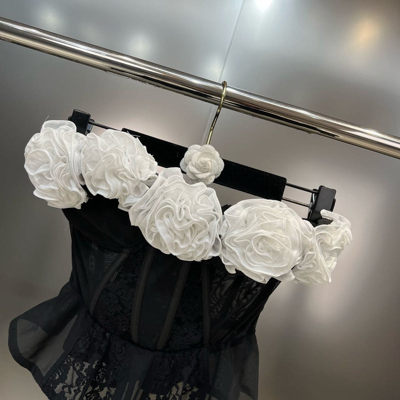 PREPOMP 2023 Summer New Collection Sleeveless Strapless Appliques Sexy Mesh Fish Bone Lace Patchwork Slim Tank Top Vest GK383