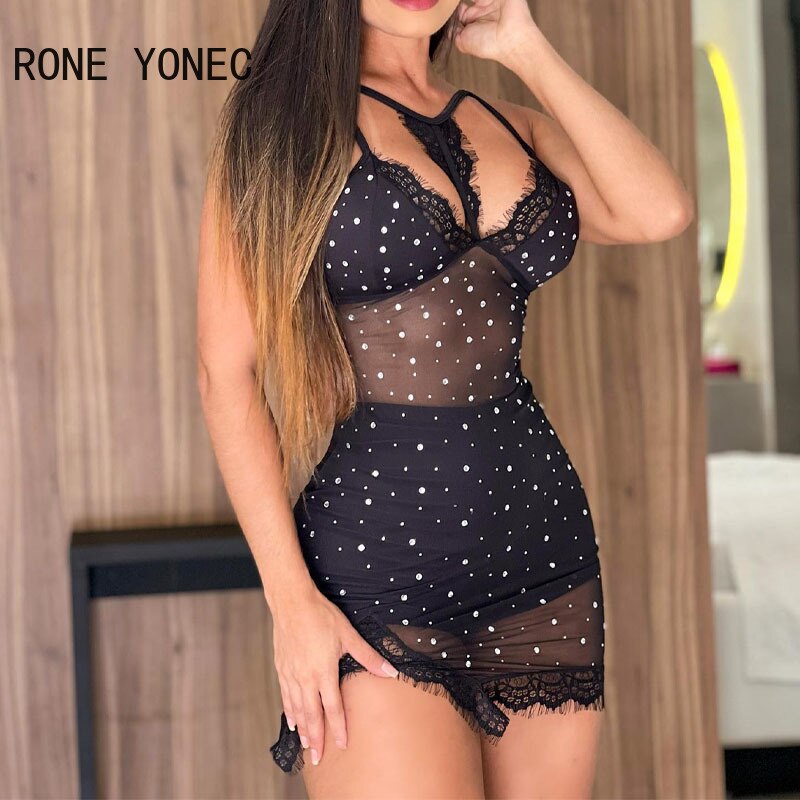 Women Solid Sexy Sleeveless Rhinestone Mesh Lace Patchwork Bodycon Mini Sexy Party Dresses Set