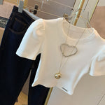 Summer Simple O-Neck Elegant Solid Bubble Sleeve Short T-Shirts