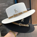 2023 New Metal R Letter Buckle Straw Hat Leisure Summer Sunscreen Hat Women&#39;s Fashionable Beach Hat Vintage Hat Church Hats