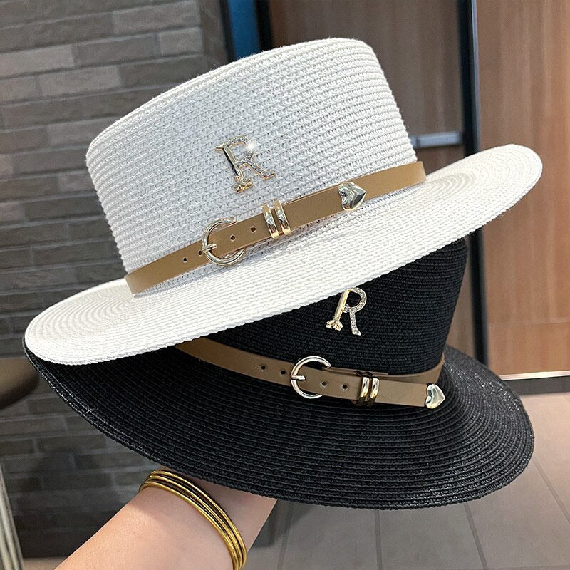 2023 New Metal R Letter Buckle Straw Hat Leisure Summer Sunscreen Hat Women&#39;s Fashionable Beach Hat Vintage Hat Church Hats