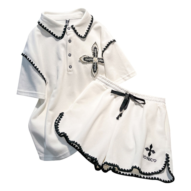 Cotton Shorts Two Piece Set For Women conjuntos de pantalón 2023 Summer Handwork Nail bead Rhinestone Lapel Tops Pants Suit