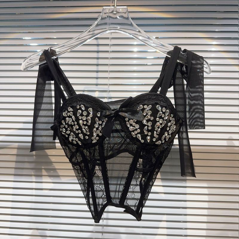 PREPOMP 2023 Summer New Collection Sleeveless Rhinestone Mesh Transparent Chest Pads Slim Sexy Camisole Women Tank Top GK290