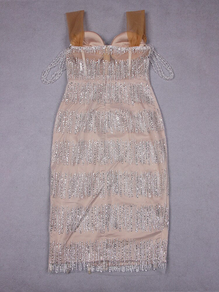 Sexy V Neck Slim Midi Dress Luxury Beaded Sequin Glitter Backless Skinny Mini Dress Spaghetti Strap Bodycon Split Celebrity Part