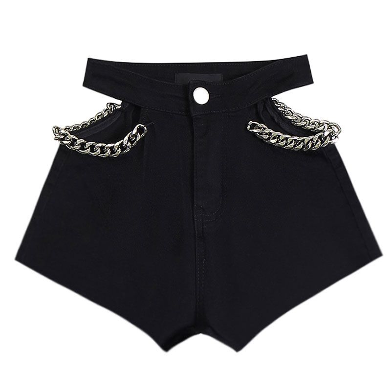 New High Waist Hollow Out Black Denim Shorts