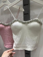 Summer Basic Crop Top Women Patched Fake Diamonds Padded Soft Velour Tanks Sleeveless Tee Top Camisole With Bra