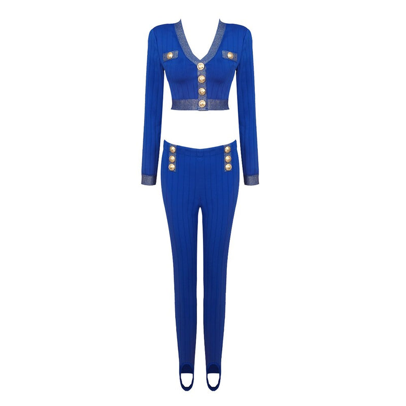 PB Royal Blue Buttons Embellished V Neck Blazer Top Skinny Pants Bodycon Bandage Two Piece Sets Women Outfit For Summer Vestido