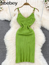 Chain V Neck Summer Knit Sexy Strap Dress Women Tank Elatic Waist Bodycon Sundress Female Beach  Backless Long Dress