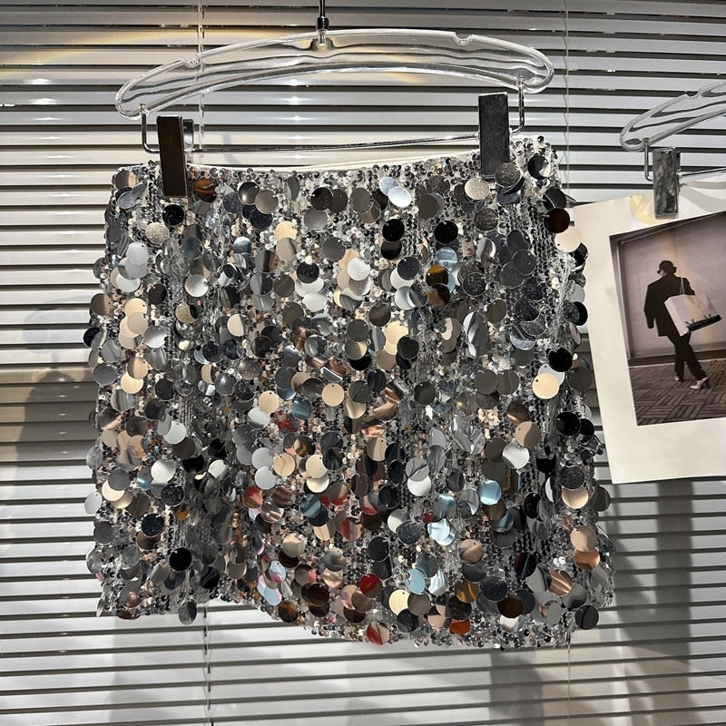 PREPOMP 2023 Summer Square Collar Sleeveless Silver Sequins Vest Women Crop Top Short Skirt Two Piece Set Women Outfits GH550