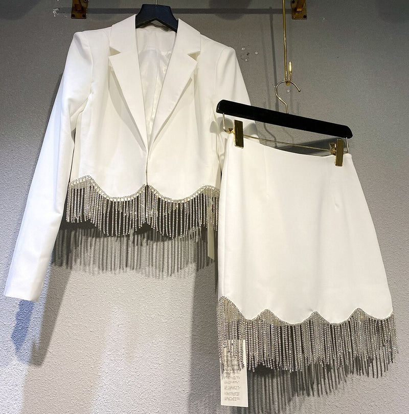 Long Sleeve Diamond Tassel Short Jacket Mini Skirt