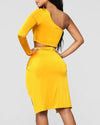 Women Solid Color 2pcs Clothes Suit Sexy One Shoulder Crop Top &amp; Twisted High Slit Skirt Set