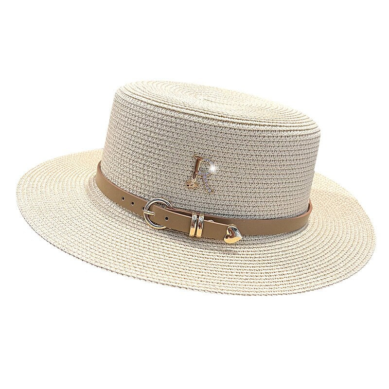 2023 New Metal R Letter Buckle Straw Hat Leisure Summer Sunscreen Hat Women&#39;s Fashionable Beach Hat Vintage Hat Church Hats