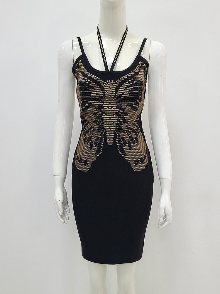 Sexy Spaghetti Strap Beaded Butterfly Bodycon Bandage Mini Dress Summer White V-Neck Sleeveless Dress Evening Party Club Outfit