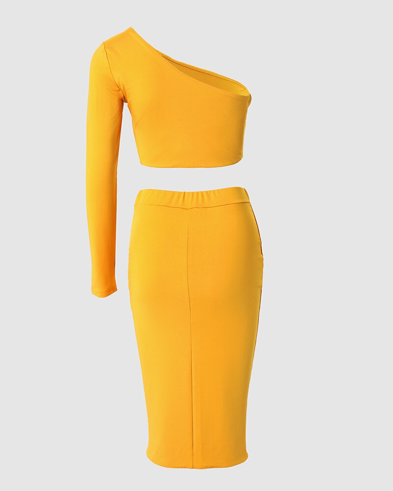 Women Solid Color 2pcs Clothes Suit Sexy One Shoulder Crop Top &amp; Twisted High Slit Skirt Set