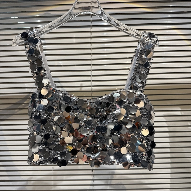 PREPOMP 2023 Summer Square Collar Sleeveless Silver Sequins Vest Women Crop Top Short Skirt Two Piece Set Women Outfits GH550