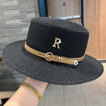 2023 New Metal R Letter Buckle Straw Hat Leisure Summer Sunscreen Hat Women&#39;s Fashionable Beach Hat Vintage Hat Church Hats