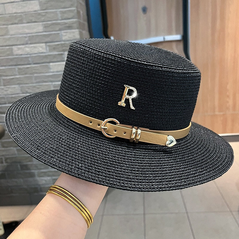 2023 New Metal R Letter Buckle Straw Hat Leisure Summer Sunscreen Hat Women&#39;s Fashionable Beach Hat Vintage Hat Church Hats