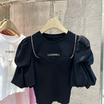 Tops Round Neck Puff Sleeve Chain Decoration T-shirts