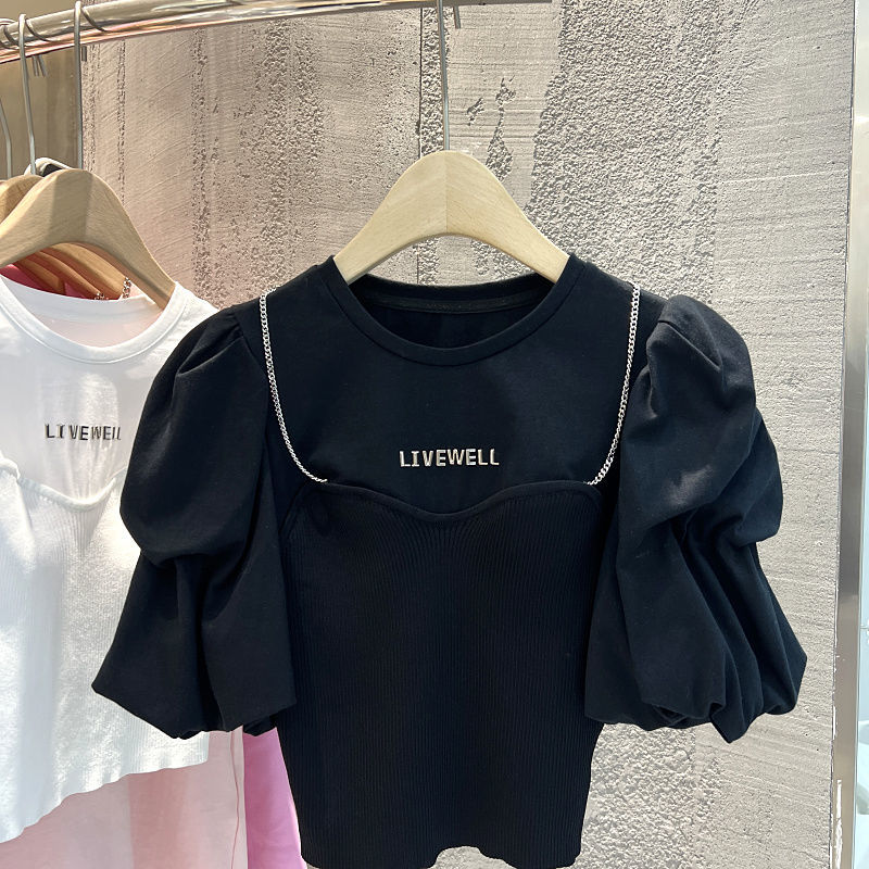 Tops Round Neck Puff Sleeve Chain Decoration T-shirts