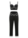 Two Piece Sexy Spaghetti Straps Crystal Diamond Short Top + Pants Set Fashion Black Designer Bodycon Pants Set Celebrity Party