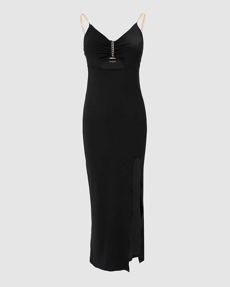 Evening Chain Decor Cutout High Slit Dress