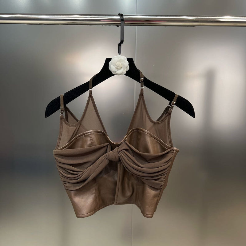 PREPOMP 2023 Summer New Collection Sleeveless V Neck Halter Ruched Camisole Pu Short Skirt Two Piece Set Outfits GK500