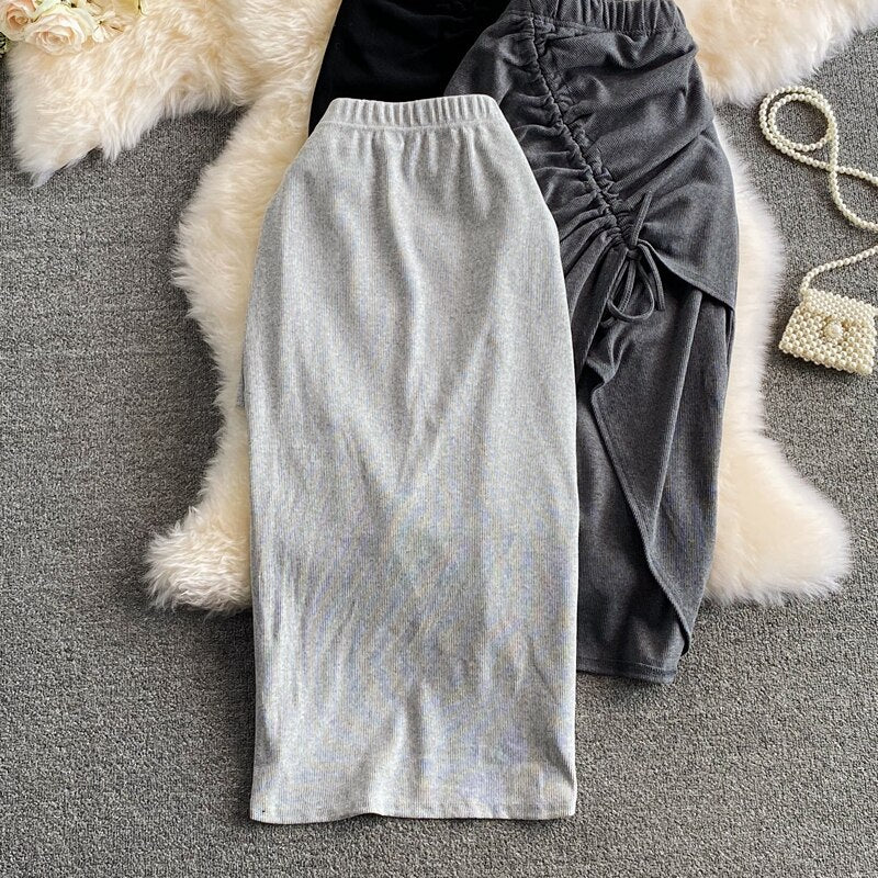 Women Elastic Waist Pencil Skirt Girls Sexy Solid Slim Irregular Draw String Stretchy Cotton Skirts