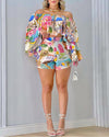 Graphic Print Off Shoulder Bell Sleeve Crop Top &amp; Shorts Set Women 2pcs Clothes Suit Spring Summer Loose Blouse Shorts Pants
