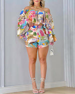 Graphic Print Off Shoulder Bell Sleeve Crop Top &amp; Shorts Set Women 2pcs Clothes Suit Spring Summer Loose Blouse Shorts Pants