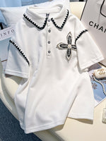 Cotton Shorts Two Piece Set For Women conjuntos de pantalón 2023 Summer Handwork Nail bead Rhinestone Lapel Tops Pants Suit