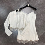 High Quality Autumn 2023 Women&#39;S Diamond Tassel 2 Two-Piece Set Sexy Short Coat + Spaghetti Strap Dress Elegant Party Set