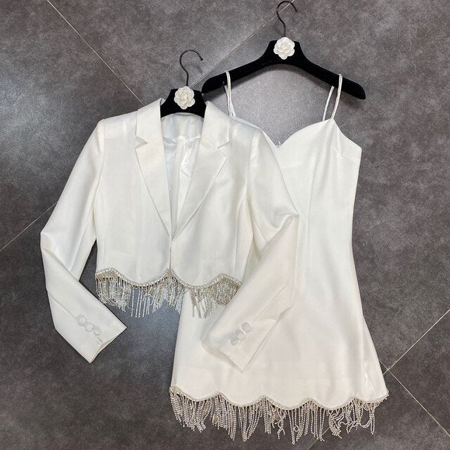 High Quality Autumn 2023 Women&#39;S Diamond Tassel 2 Two-Piece Set Sexy Short Coat + Spaghetti Strap Dress Elegant Party Set