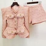 High Quality 2022 Autumn New Tweed 2 Two-Piece Set Sexy O-Neck Long Sleeve Single Breasted Jacket And Pants Club Party Set
