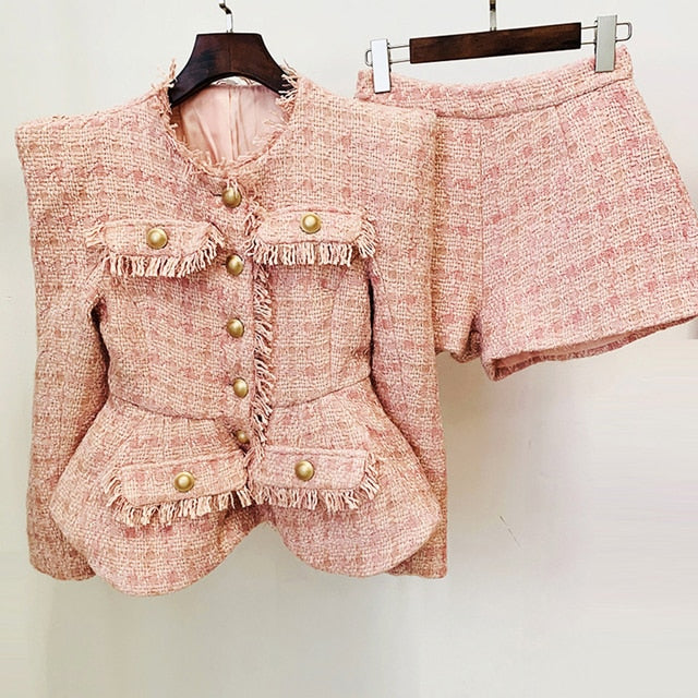 High Quality 2022 Autumn New Tweed 2 Two-Piece Set Sexy O-Neck Long Sleeve Single Breasted Jacket And Pants Club Party Set