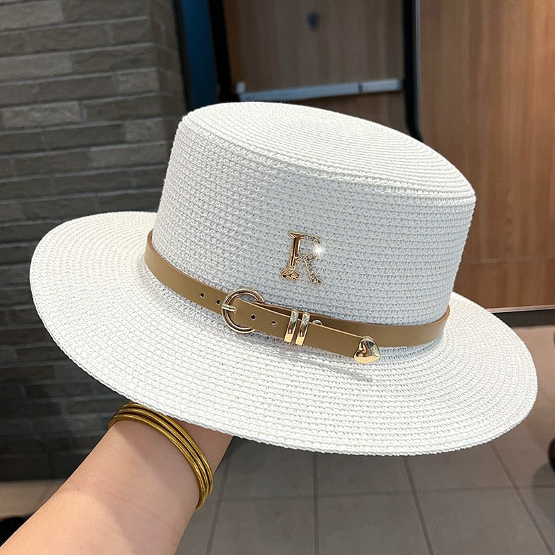 2023 New Metal R Letter Buckle Straw Hat Leisure Summer Sunscreen Hat Women&#39;s Fashionable Beach Hat Vintage Hat Church Hats