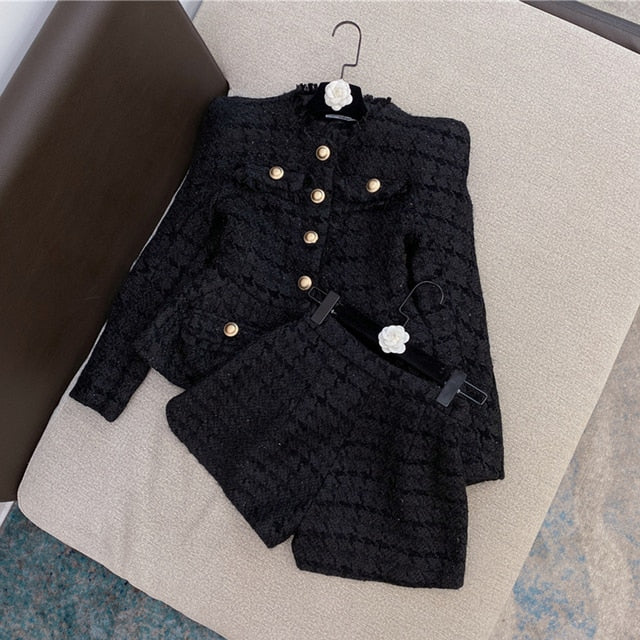 High Quality 2022 Autumn New Tweed 2 Two-Piece Set Sexy O-Neck Long Sleeve Single Breasted Jacket And Pants Club Party Set