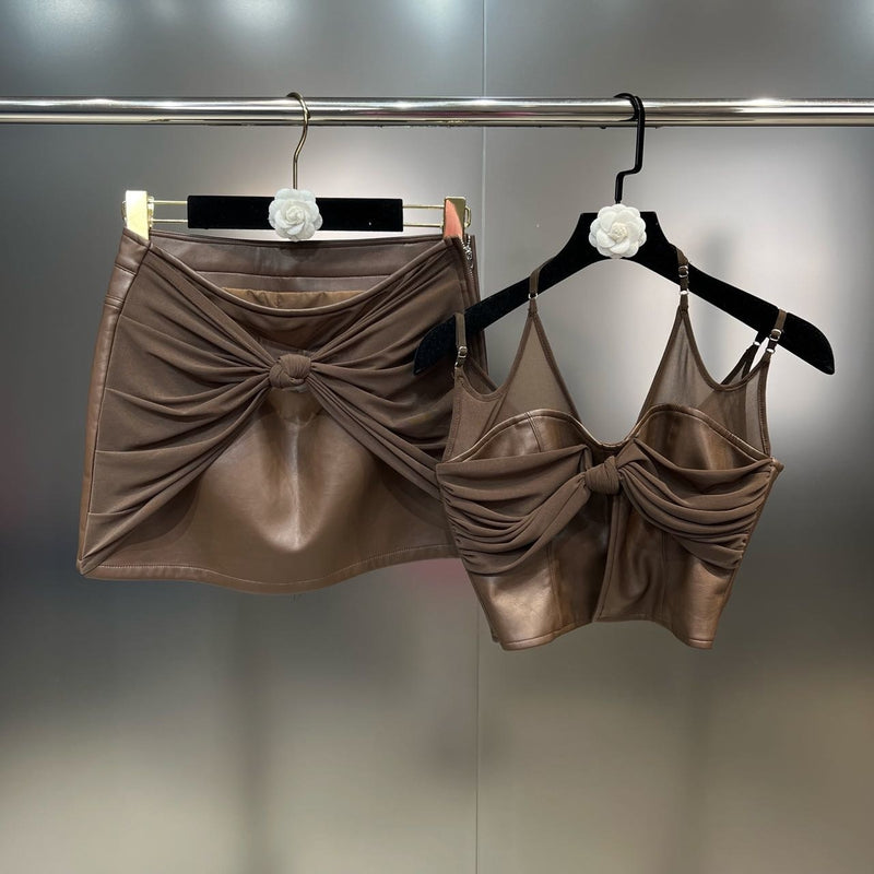 PREPOMP 2023 Summer New Collection Sleeveless V Neck Halter Ruched Camisole Pu Short Skirt Two Piece Set Outfits GK500