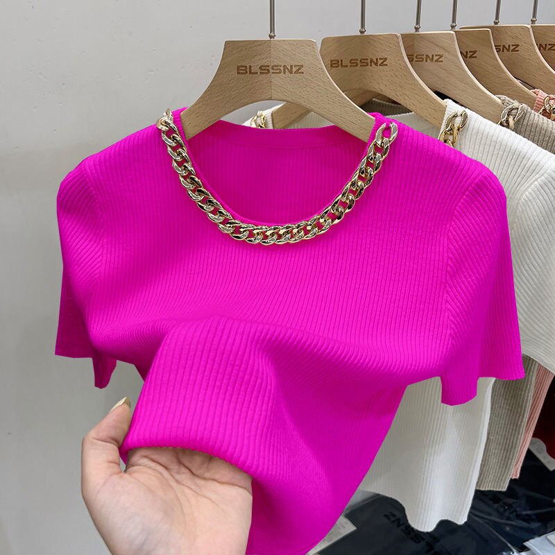 Summer French Style Chic Chain Neck Tees
