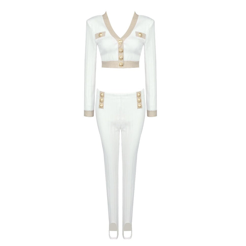 PB Royal Blue Buttons Embellished V Neck Blazer Top Skinny Pants Bodycon Bandage Two Piece Sets Women Outfit For Summer Vestido