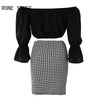 Women Chic with Belt Slash Small V Neck Three Quarter Sleeves Houndstooth Pattern Bottom&amp; Solid Top Bodycon Skirt Sets